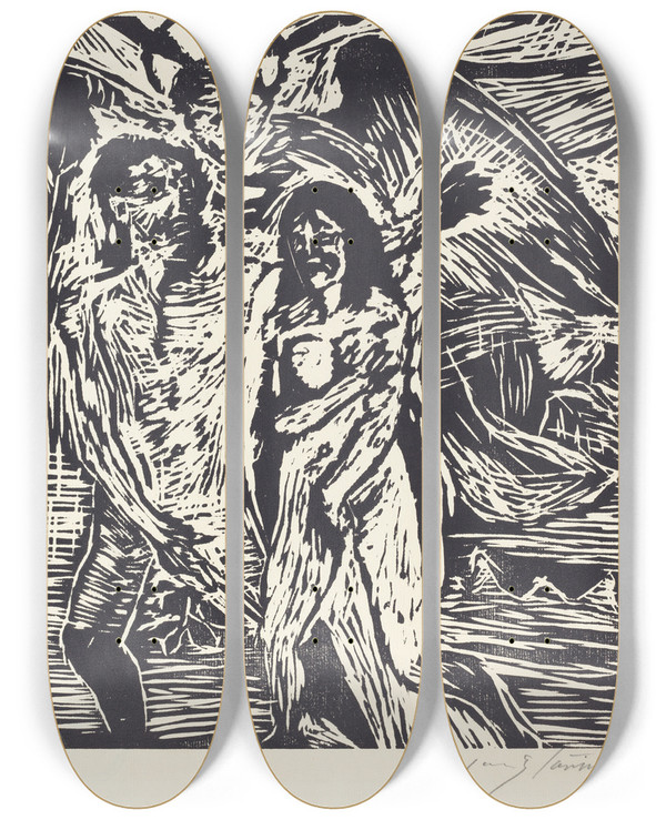 Triptych art skateboard deck of Lovis Corinth The Expulsion From Paradise Austreibung Aus Dem Paradies by Lovis Corinth (1858-1925)