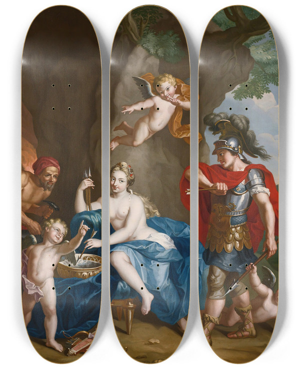 Triptych art skateboard deck of John Singleton Copley Mars Venus And Vulcan The Forge Of Vulcan by John Singleton Copley (1738-1815)