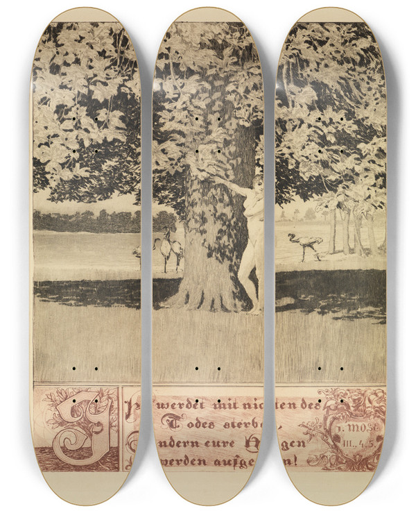 Triptych art skateboard deck of Max Klinger Prefacio I Ein Leben Opus Viii Blatt 1 by Max Klinger (1857-1920)