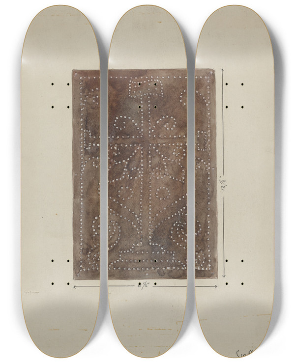 Triptych art skateboard deck of Geoffrey Holt Pierced Metal Screen From Confessional_1 by Geoffrey Holt (20-)