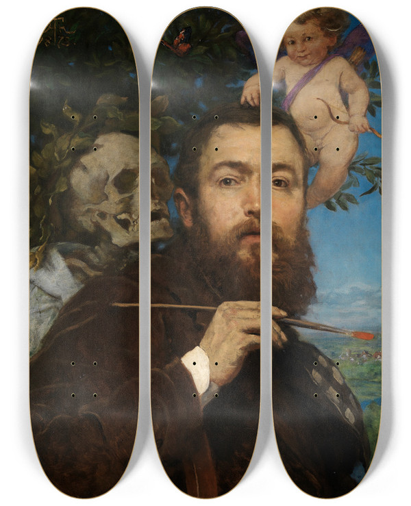 Triptych art skateboard deck of Hans Thoma Selfportrait With Cupid And Death by Hans Thoma (1839-1924)