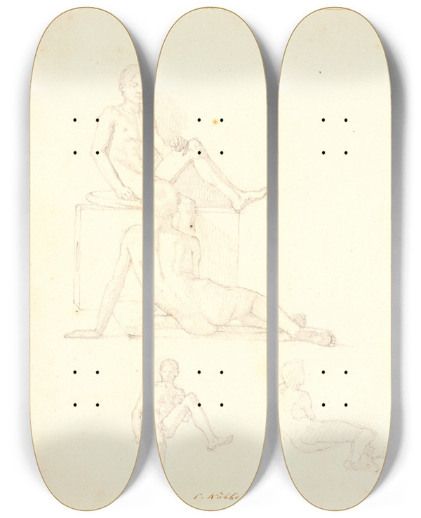 Triptych art skateboard deck of Christen Kbke Fire Modelstudier Af Drenge by Christen Kobke (1810-1848)