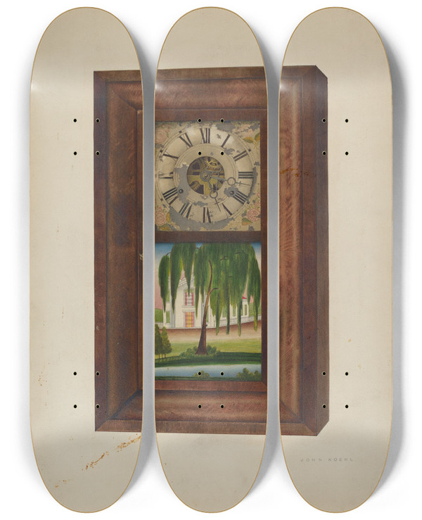 Triptych art skateboard deck of John Koehl Painted Clock by John Koehl