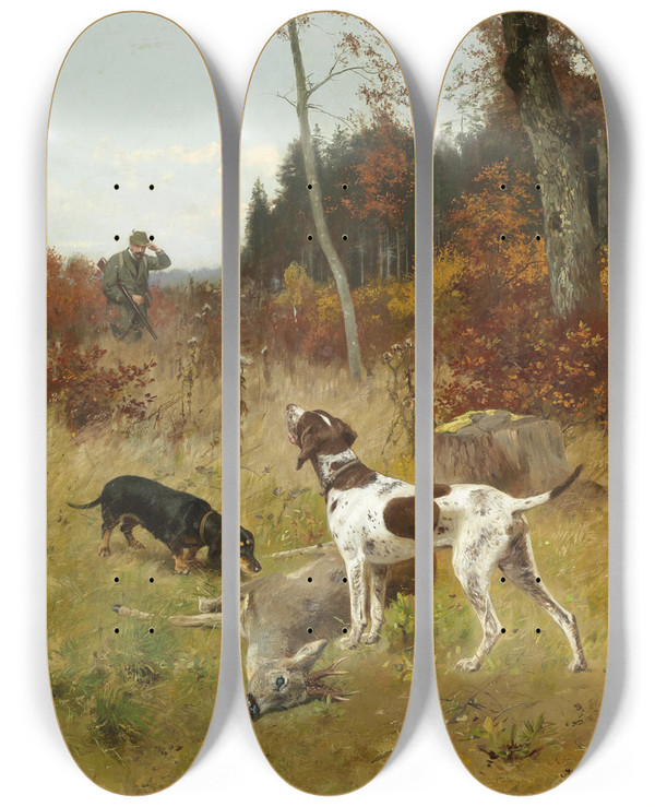 Triptych art skateboard deck of Josef Schmitzberger Erfolgreiche Jagd by Josef Schmitzberger (1851-1930)