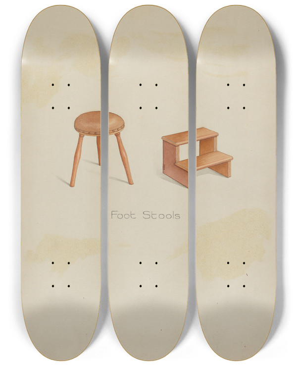 Triptych art skateboard deck of Lawrence Foster Shaker Stools by Lawrence Foster