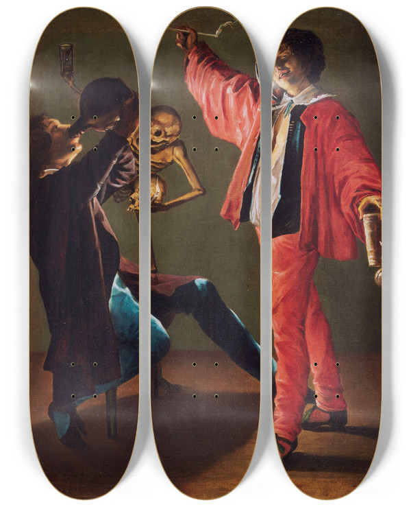 Triptych art skateboard deck of Judith Leyster The Last Drop The Gay Cavalier by Judith Leyster (1609-1660)