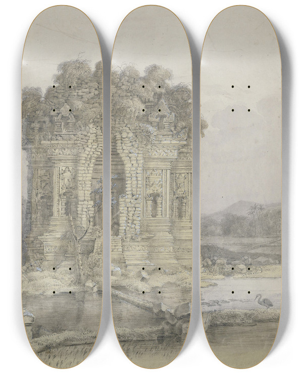 Triptych art skateboard deck of Adrianus Johannes Bik Candi Kalasan Bij Yogyakarta Middenjava by Adrianus Johannes Bik (1790-1872)