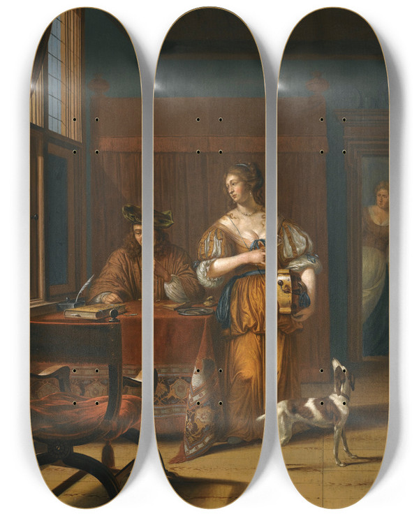 Triptych art skateboard deck of Johan Van Haensbergen The Money Changer by Johan Van Haensbergen (1642-1705)