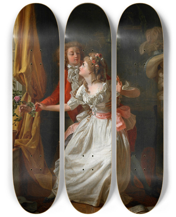 Triptych art skateboard deck of Michel Garnier The Poorly Defended Rose by Michel Garnier (1753-1819)