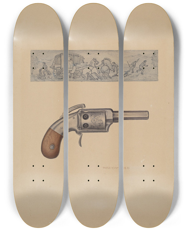 Triptych art skateboard deck of Rose Campbellgerke Revolver_2 by Rose Campbell Gerke (1882)