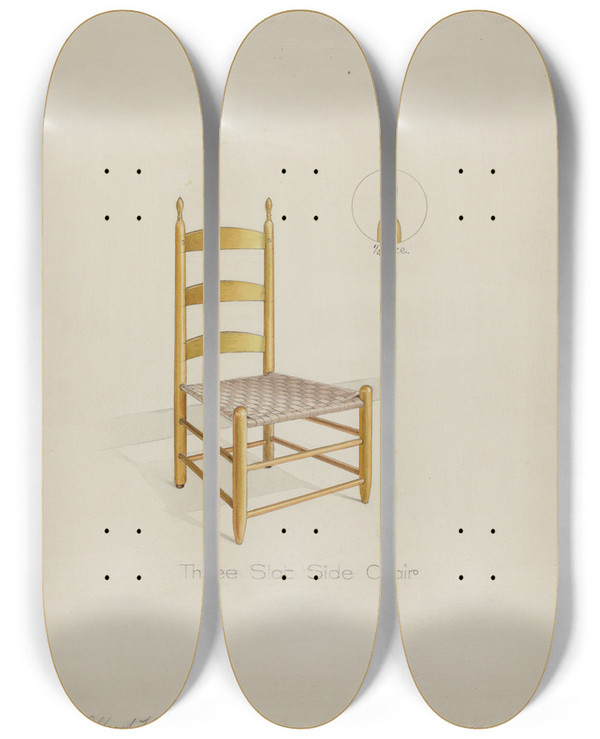 Triptych art skateboard deck of Alfred H Smith Shaker Three Slat Chair by Alfred H Smith