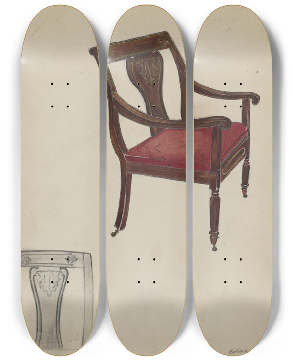 Triptych art skateboard deck of Edna C Rex Arm Chair by Edna C Rex (1893-1972)