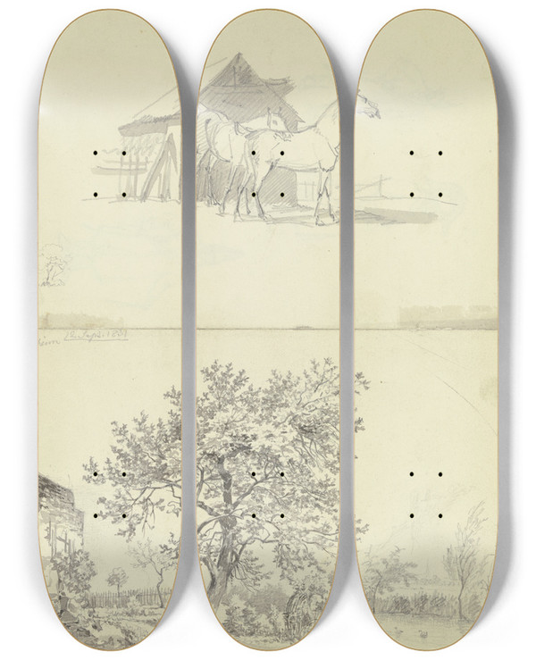 Triptych art skateboard deck of Carl Morgenstern Zwei Pferde Vor Einem Stall Garten An Einem Wasserlauf Bei Rdelheim by Carl Morgenstern (1811-1893)