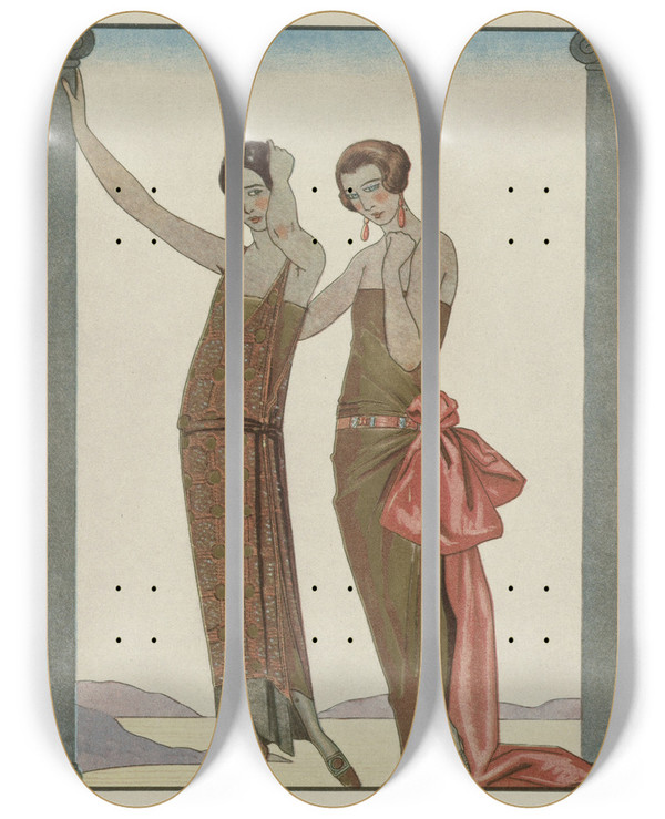 Triptych art skateboard deck of George Barbier Vesper Robes Du Soir De Worth by George Barbier (1882-1932)