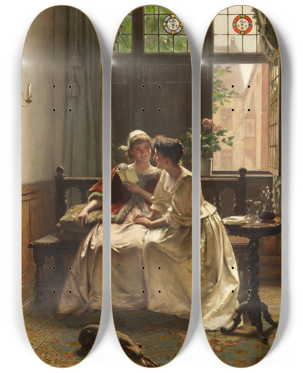 Triptych art skateboard deck of Max Volkhart Gute Nachrichten by Max Volkhart (1848-1935)