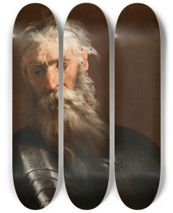Triptych art skateboard deck of Johann Heinrich Schnfeld A Bearded Man In Armor by Johann Heinrich Schonfeld (1609-1684)