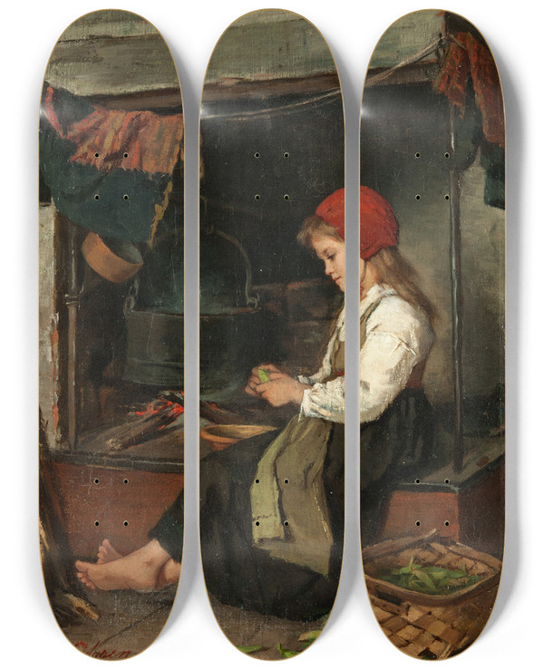 Triptych art skateboard deck of Anna Nordgren Girl Shelling Peas by Anna Nordgren (1847-1916)