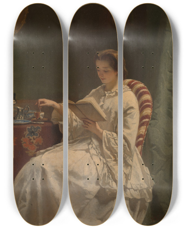 Triptych art skateboard deck of Hendrik Jacobus Scholten Morning Reading by Hendrik Jacobus Scholten (1824-1907)