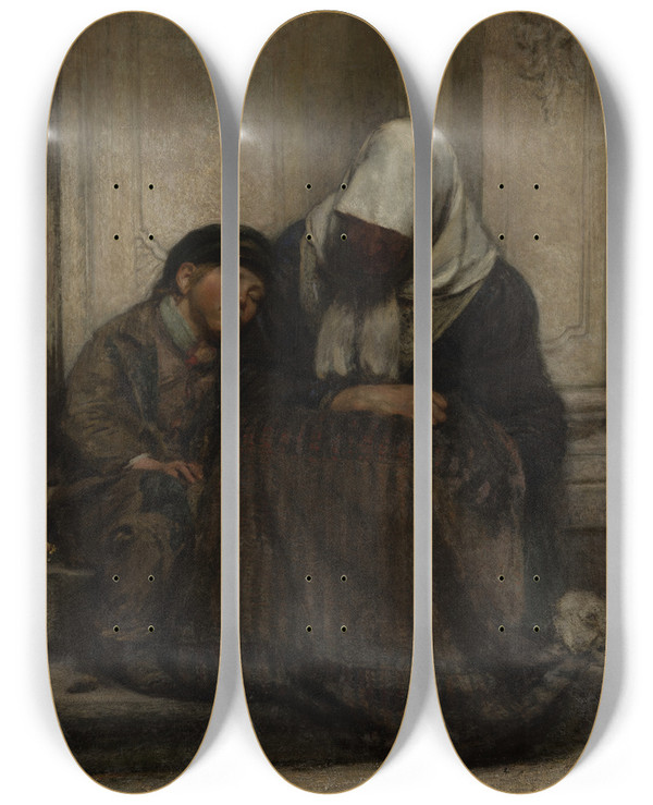 Triptych art skateboard deck of Angilbert Gbel Poor People_2 by Angilbert Gobel (1821-1882)