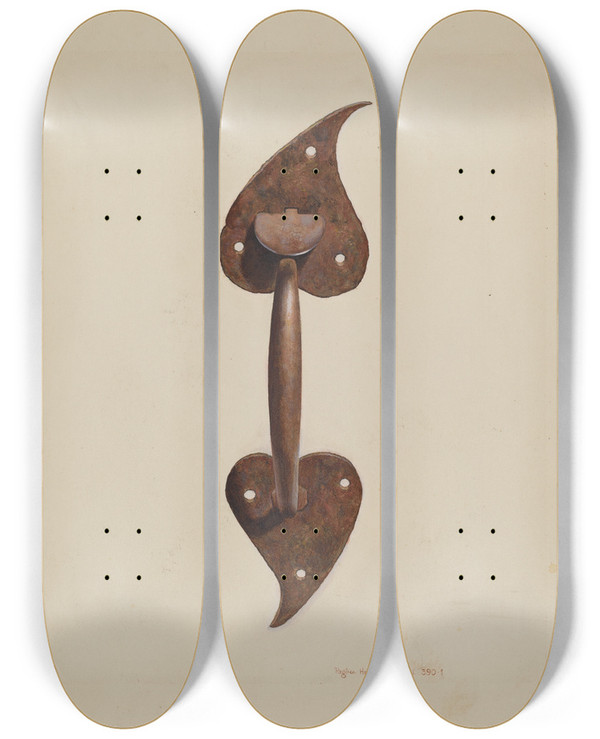 Triptych art skateboard deck of Regina Henderer Suffolk Latch_8 by Regina Henderer