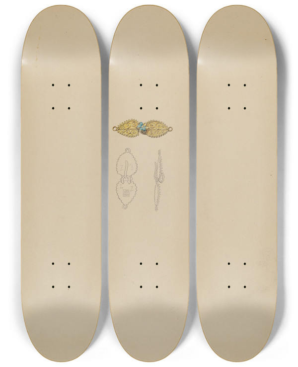 Triptych art skateboard deck of Doris Beer Clasp For Necklace by Doris Beer