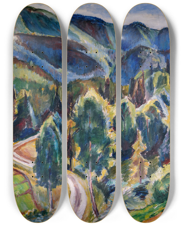 Triptych art skateboard deck of Birger Simonsson Scene From Telemarken by Birger Simonsson (1883-1938)