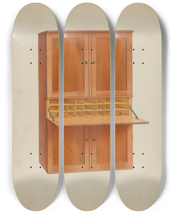Triptych art skateboard deck of John W Kelleher Shaker Secretary by John W Kelleher