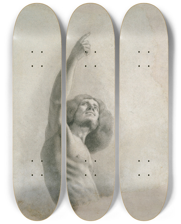 Triptych art skateboard deck of Gustave Courbet Selfportrait With Upraised Arm by Gustave Courbet (1819-1877)