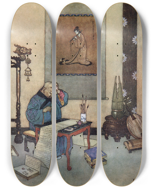 Triptych art skateboard deck of Edmund Dulac The Nightingale Pl 4 by Edmund Dulac (1882-1953)