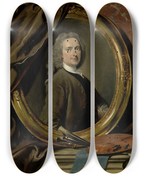 Triptych art skateboard deck of Cornelis Troost Selfportrait_1 by Cornelis Troost (1696-1750)