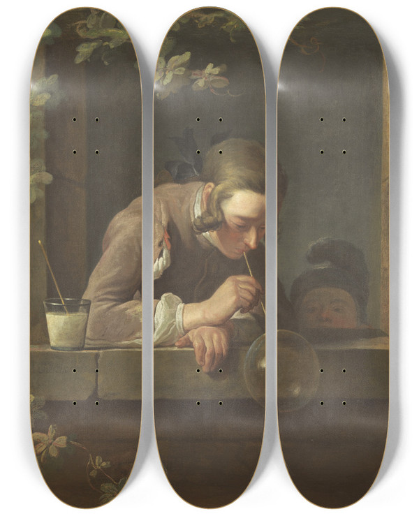 Triptych art skateboard deck of Jean Simon Chardin Soap Bubbles by Jean Simeon Chardin (1699-1779)