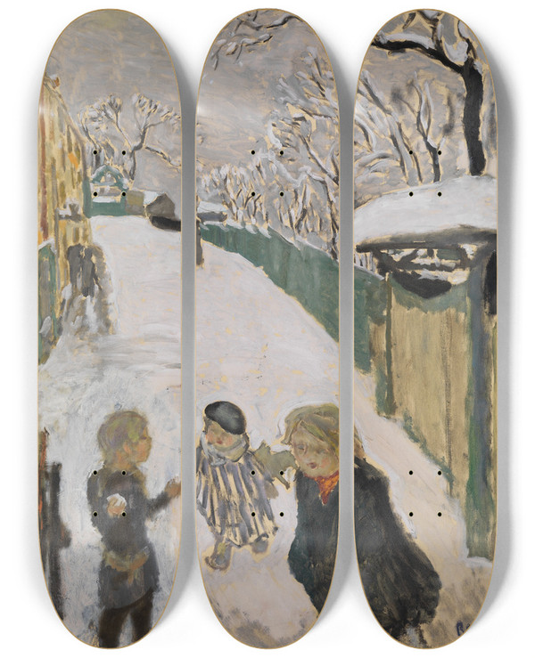Triptych art skateboard deck of Pierre Bonnard Strae Im Schnee Mit Spielenden Kindern by Pierre Bonnard (1867-1947)