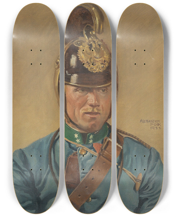 Triptych art skateboard deck of Alexander Pock Portrt Eines Dragonerkorporals by Alexander Pock (1871-1950)