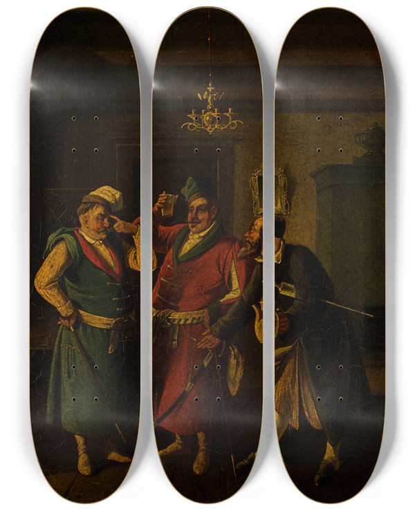 Triptych art skateboard deck of Aleksander Raczyski Genre Scene by Aleksander Raczynski (1822-1889)