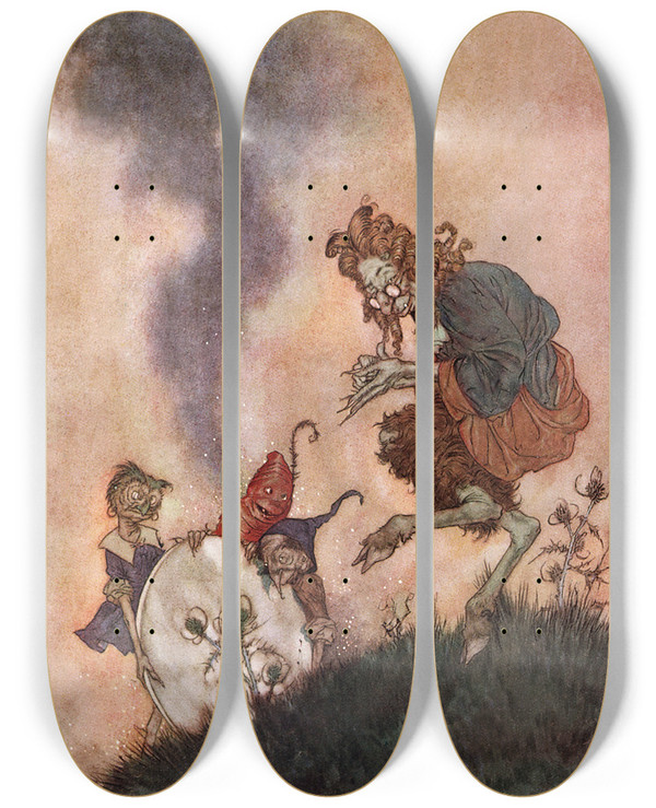 Triptych art skateboard deck of Edmund Dulac The Snow Queen Pl 1 by Edmund Dulac (1882-1953)