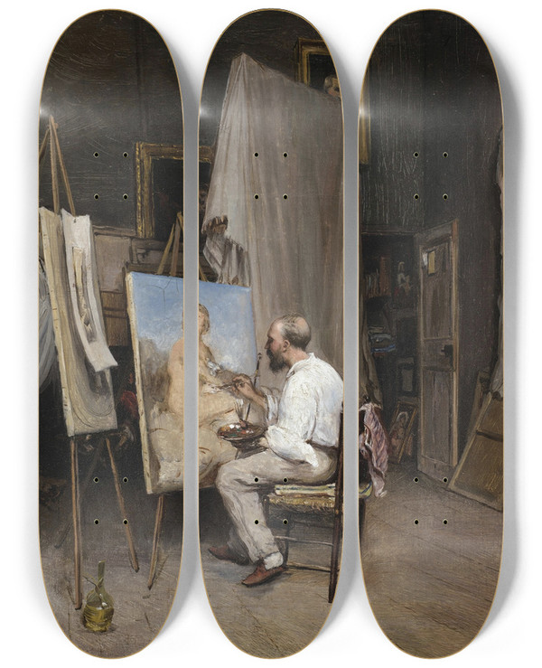 Triptych art skateboard deck of Carl Friedrich Heinrich Werner Le Peintre Dans Son Atelier by Carl Friedrich Heinrich Werner (1808-1894)