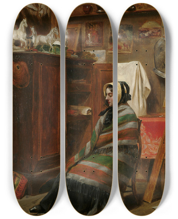 Triptych art skateboard deck of William Powell Frith Model In A Cluttered Studio by William Powell Frith (1819-1909)