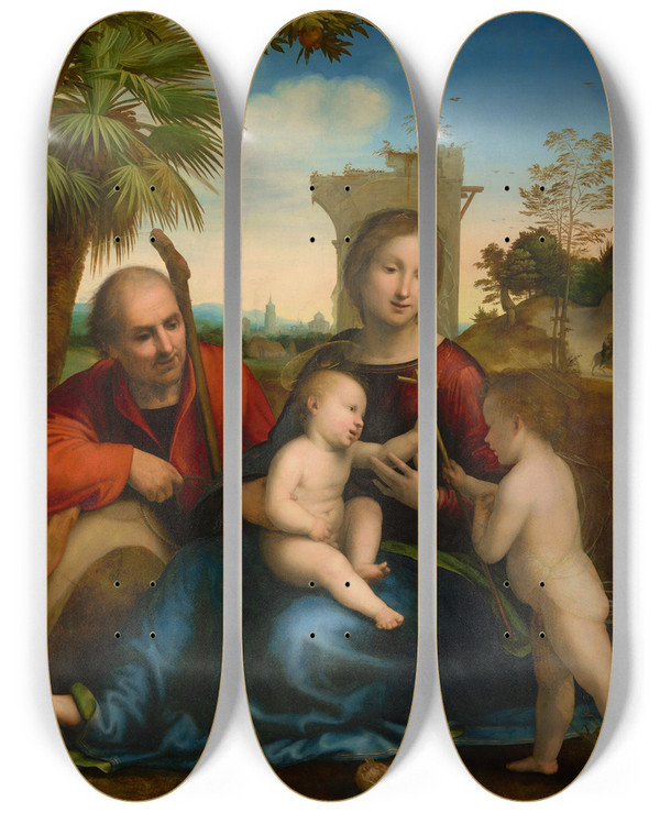 Triptych art skateboard deck of Fra Bartolomeo The Rest On The Flight Into Egypt With Saint John The Baptist by Fra Bartolomeo (1472-1517)