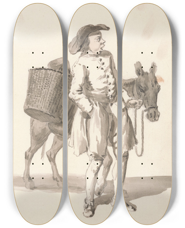 Triptych art skateboard deck of Paul Sandby London Cries Boy With A Donkey by Paul Sandby (1731-1809)
