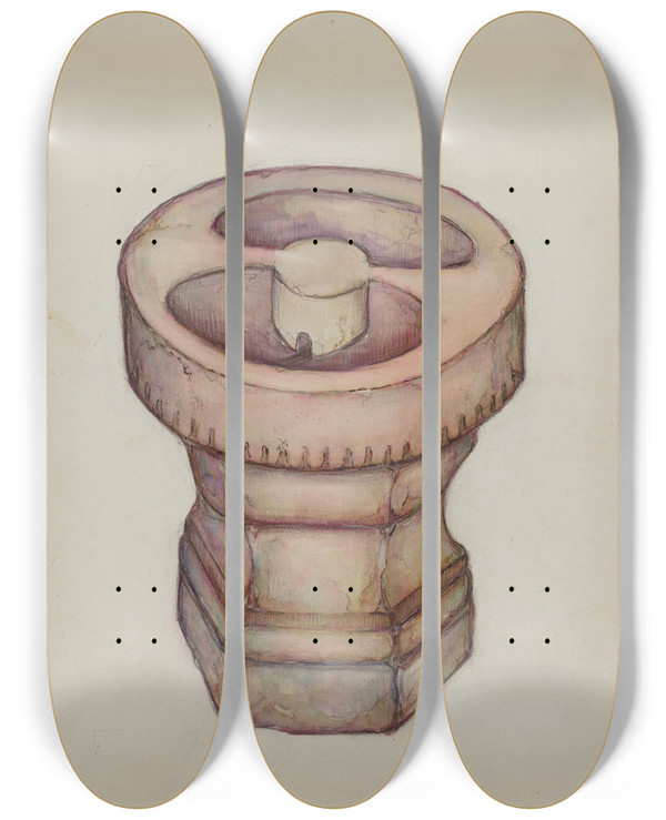 Triptych art skateboard deck of George Seideneck Baptismal Font by George Seideneck