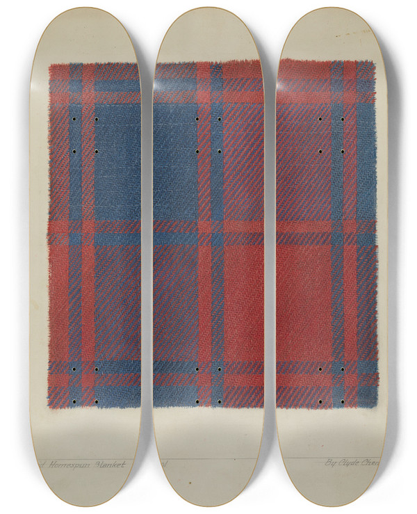 Triptych art skateboard deck of Clyde L Cheney Plaid Homespun Coverlet by Clyde L Cheney