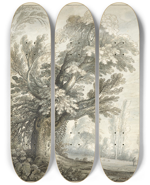 Triptych art skateboard deck of Marten De Cock Landscape With A Tall Tree by Marten de Cock (1578-1661)