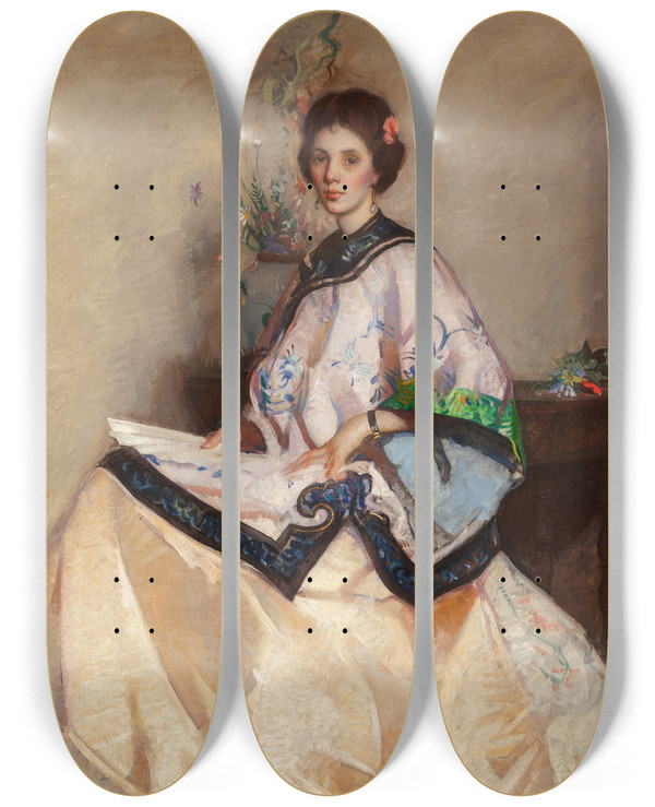Triptych art skateboard deck of Leslie Prince Thompson The Chinese Coat by Leslie Prince Thompson (1880-1963)