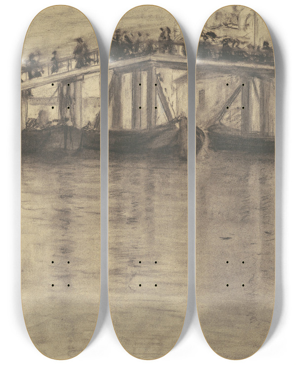 Triptych art skateboard deck of Eugne Vail Venetian Bridge by Eugene Vail (1857-1934)