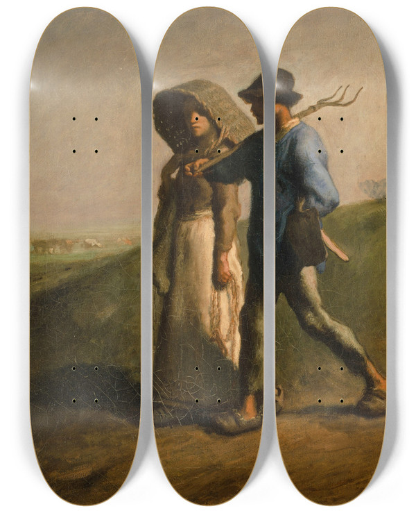 Triptych art skateboard deck of Jeanfranois Millet Going To Work by Jean-Franois Millet (1814-1875)