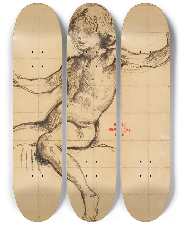 Triptych art skateboard deck of Henri Leopold Lvy Etude Denfant Assis by Henri Leopold Levy (1840-1904)