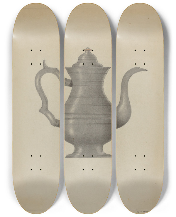 Triptych art skateboard deck of A Zaidenberg Pewter Coffee Pot by A Zaidenberg