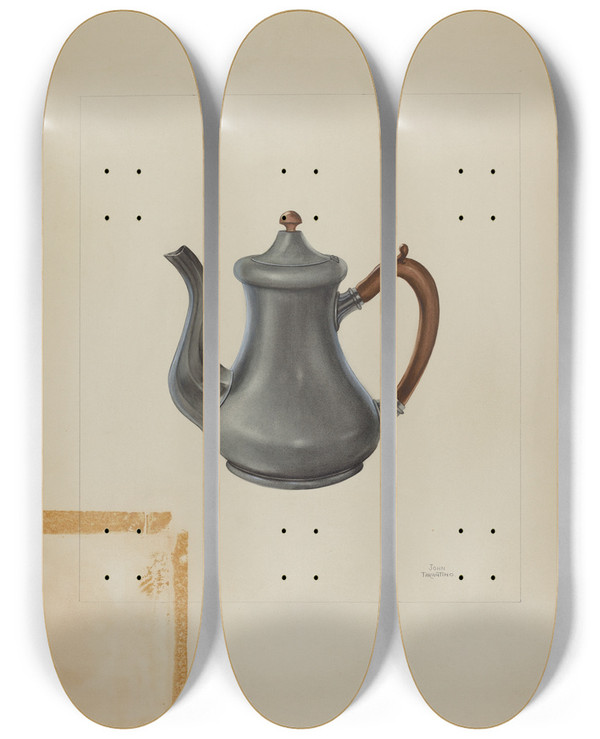 Triptych art skateboard deck of John Tarantino Pewter Teapot_1 by John Tarantino (1935)