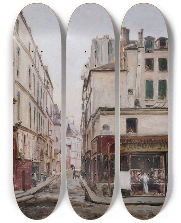 Triptych art skateboard deck of Emmanuel Lansyer La Rue Hautefeuille by Emmanuel Lansyer (1835-1893)