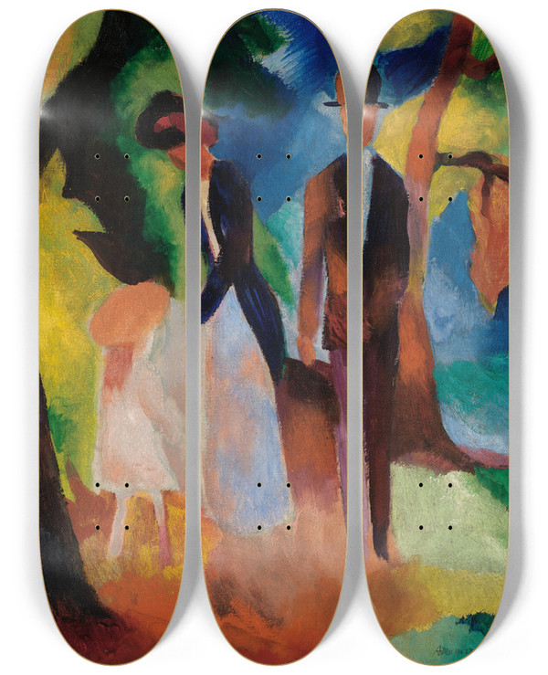 Triptych art skateboard deck of August Macke Leute Am Blauen See by August Macke (1887-1914)